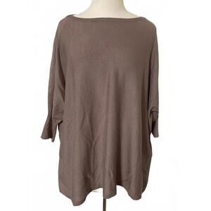 Lyn Taupe Brown Boatneck Dolman Sleeve Draped Sweater Knit Top Over-Sized S